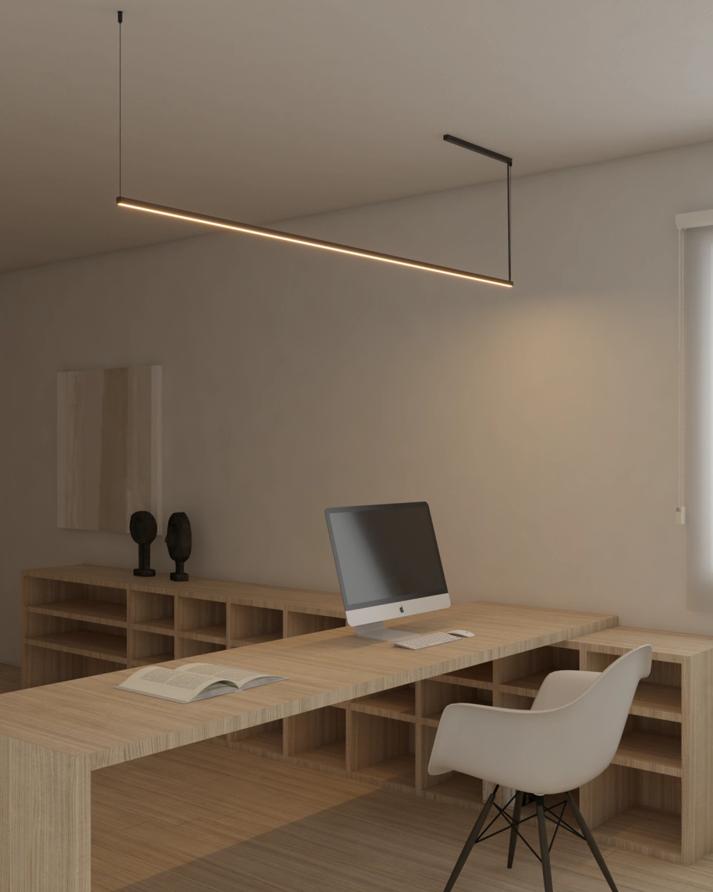 Lustre pendente moderno Risk Linear em um escritório elegante com mesa de madeira e cadeira branca Lustres Gênesis Site online venda de Lustres e Iluminação