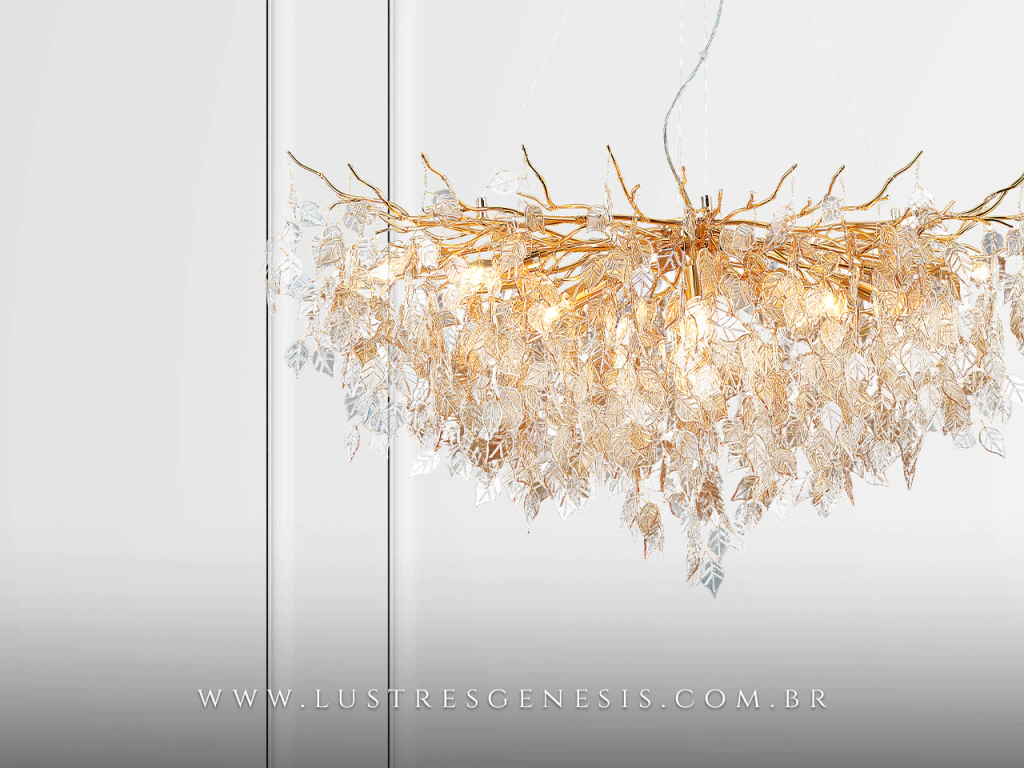 Lustre pendente de cristal retangular Hera 120cm com folhas douradas, ideal para sala de jantar ou mesa grande, com 12 lâmpadas E-14.