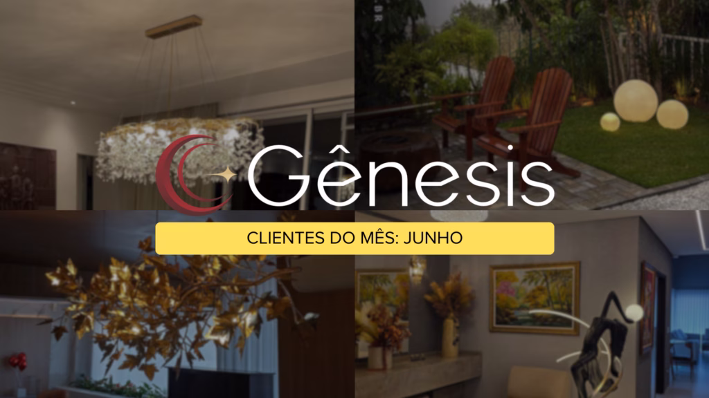 Banner da série "Clientes do Mês – Junho" da Lustres Gênesis. A imagem reúne quatro projetos residenciais de clientes, destacando um lustre decorativo para sala de jantar, luminárias esféricas para jardim, um lustre contemporâneo dourado em formato de folhas e uma luminária moderna instalada em ambiente interno.