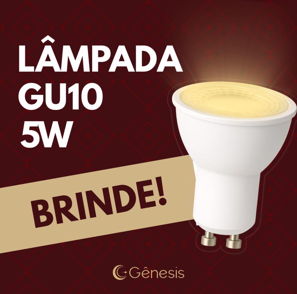 Lâmpada LED GU10 5W da Lustres Gênesis, oferecida como brinde, com luz quente para spots e iluminação direcionada.