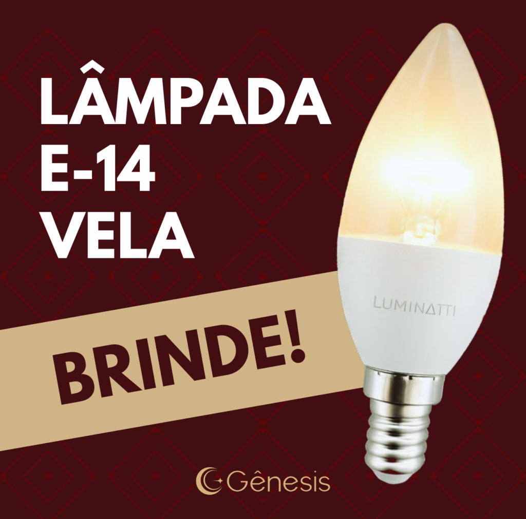 Lâmpada LED E14 modelo vela da Lustres Gênesis, oferecida como brinde, com luz quente e encaixe de rosca fina para lustres e luminárias decorativas.