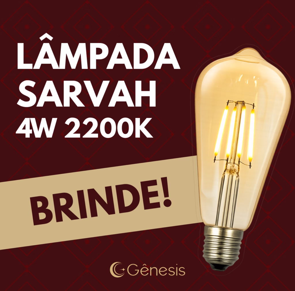 Lâmpada LED Sarvah 4W 2200K da Lustres Gênesis, oferecida como brinde, com filamento aparente e luz âmbar para iluminação decorativa.