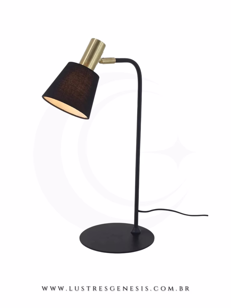 Luminária de mesa abajur Pipe preta com base redonda e haste curva, ideal para leitura em quartos, escritórios e escrivaninhas.