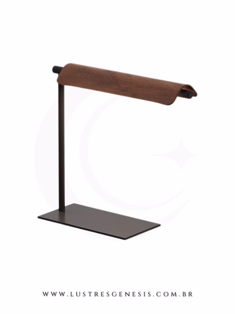 Abajur preto de madeira Darkood de LED 5W 400Lm, design moderno, ideal para quartos e salas, sobre base retangular.