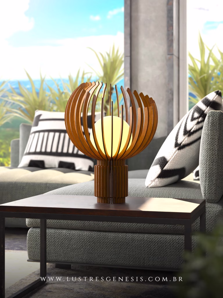 Luminária de mesa abajur Pérola com acabamento em madeira imbuia, design moderno e decorativo, ideal para leitura, quartos, escritório e escrivaninhas.