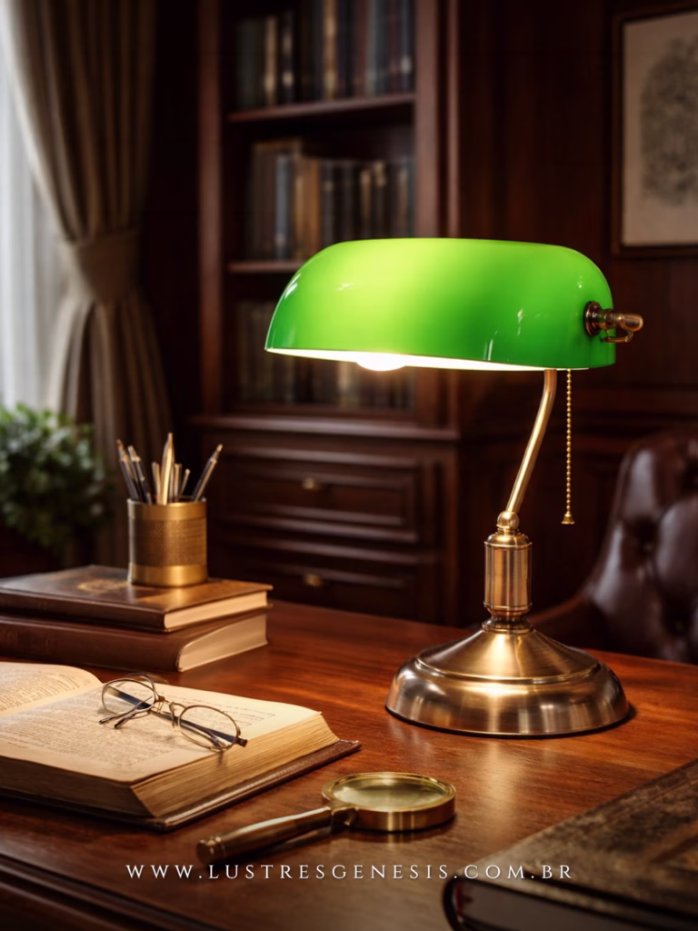 Luminária inglesa retrô tipo banker com cúpula verde sobre mesa de madeira em escritório clássico, ao lado de livros, óculos e lupa.