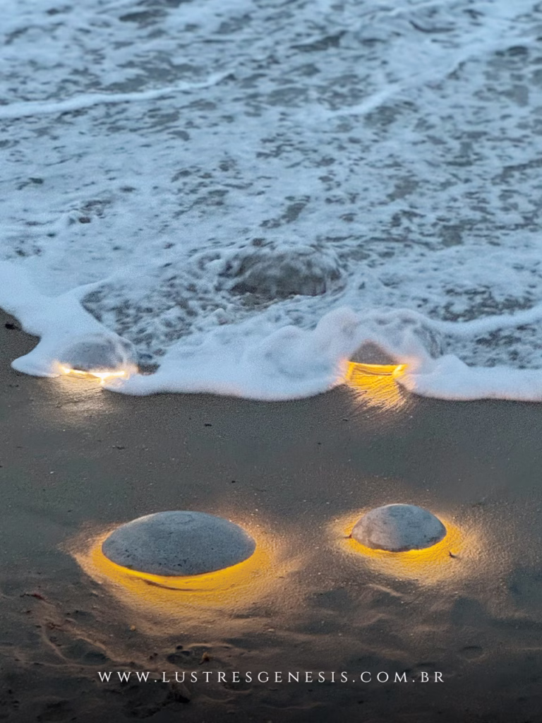 Luminária de solo externo de concreto modelo tartaruga com LED aceso à beira-mar, demonstrando resistência à água e efeito de luz rasante no solo.